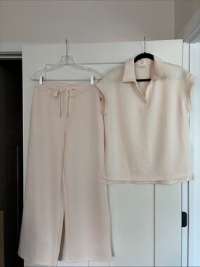 Women's Soft Knit Wide-Leg Pants & Polo Top Set — Cream